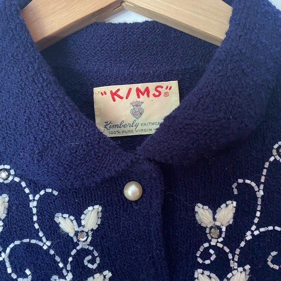 Vintage 50s Cardigan Sweater Wool Navy Beaded Embroidered Knit Kimberly Small - Picture 5 of 5